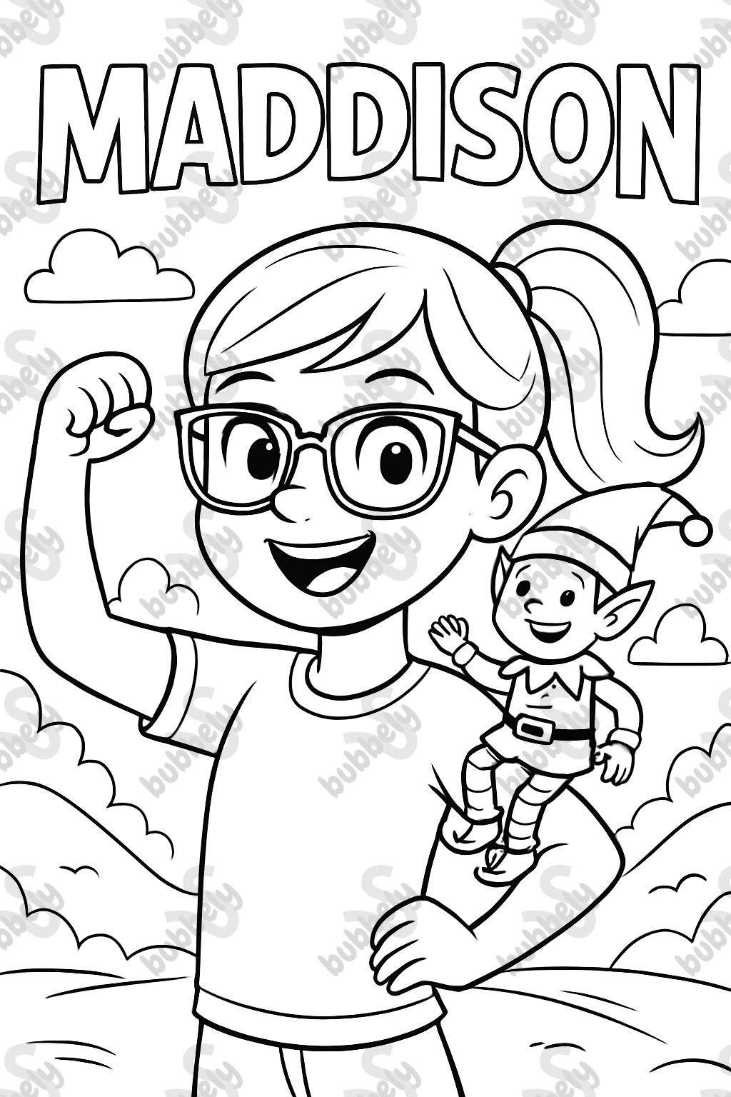 girl with glasses, hair in a pony tail, elf on the shelf on her shoulder, Maddison written above girl.