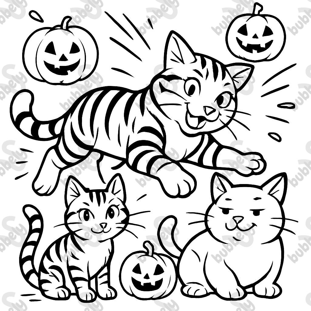 One small adult cat with tabby markings on head and face, one slighter fatter cat with plain colors on head and face, and one larger full tabby with white on paws and belly and tip of tail. With little pumpkins with faces around.