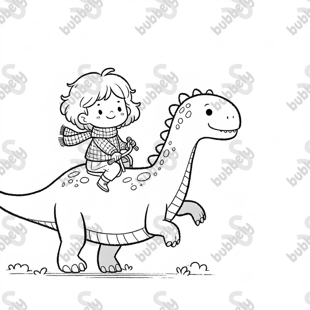 A toddler girl riding a friendly dinosaur.