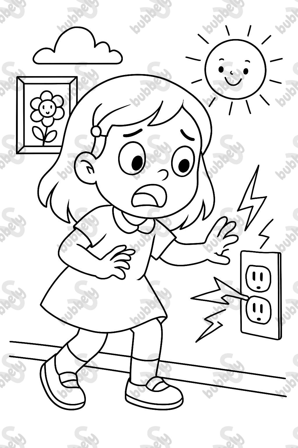 Menina tocando tomadas elétricas, assustada.