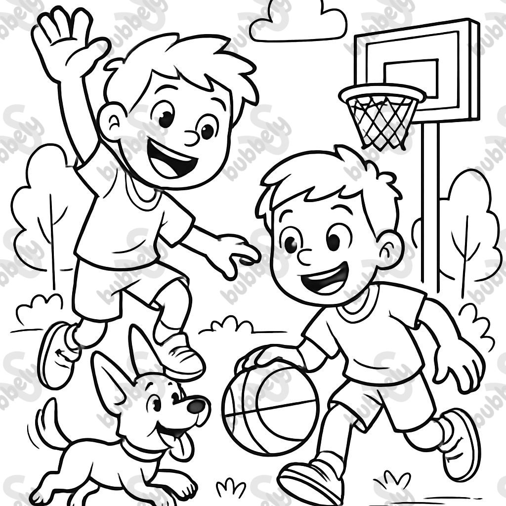 2 boys and a pointy eared dog playing basketball