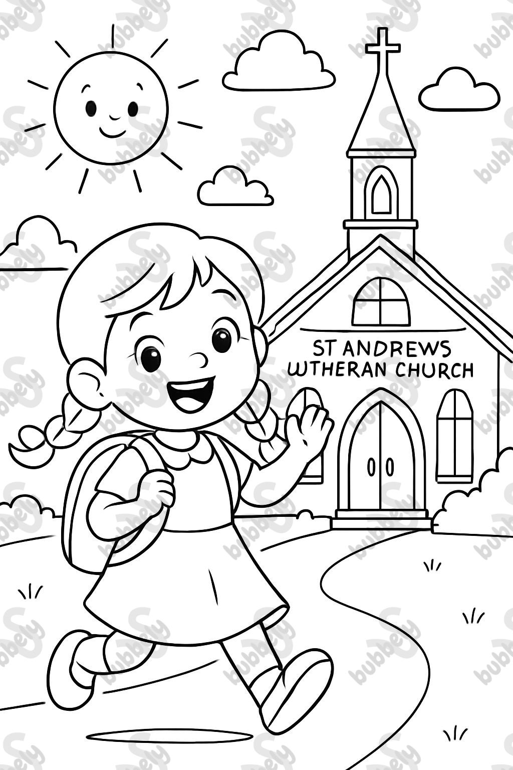 Primeiro dia de pré-escola em uma igreja. Menina pequena em um vestido com tranças. A igreja diz St. Andrews Lutheran Church na frente. Primeiro dia de pré-escola em uma igreja. Menina pequena em um vestido com tranças. A igreja diz St. Andrews Lutheran Church na frente.