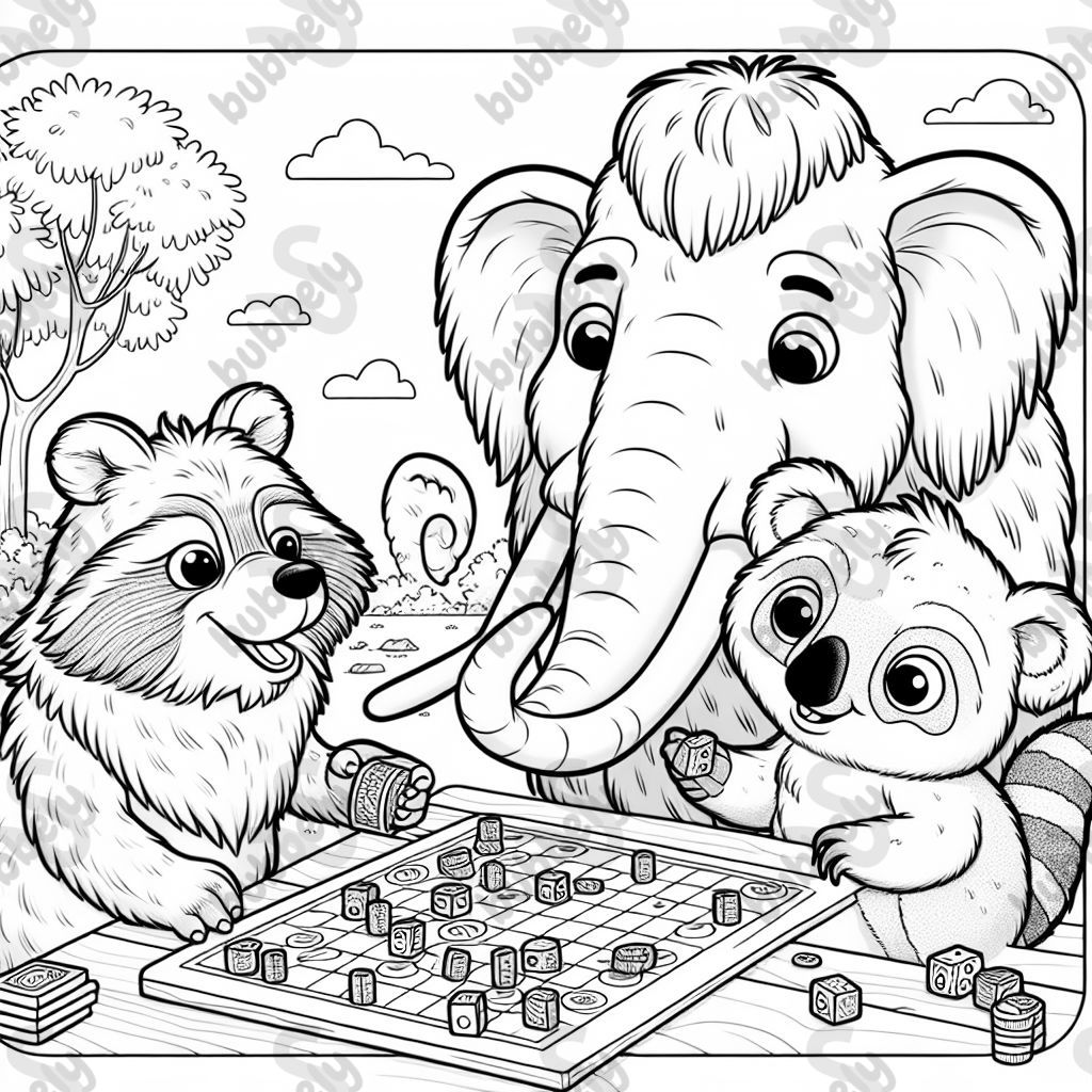 ein Mammut, ein Waschbär und ein Koala spielen ein Brettspiel