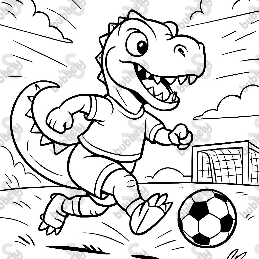 a dinosaur playing soccer