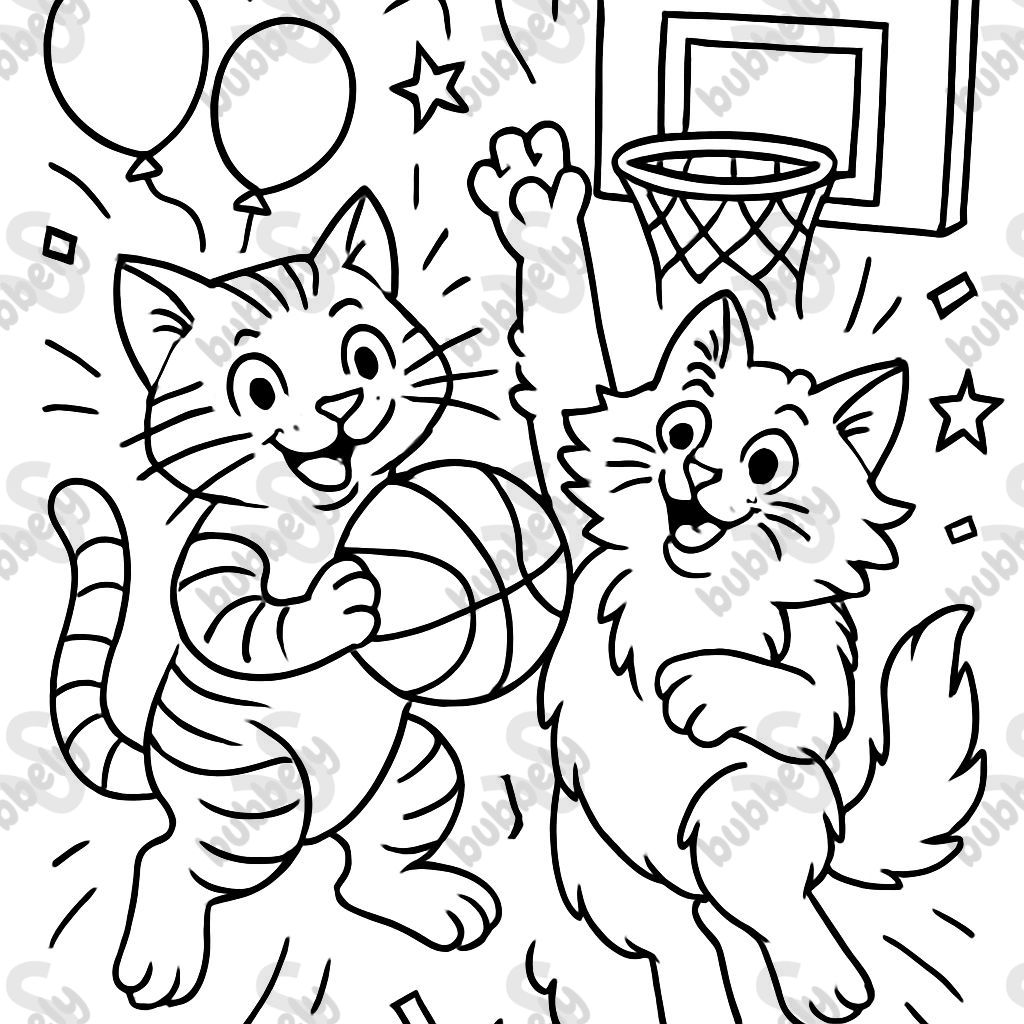 Cat Basketball Birthday Card with one tabby cat and one fluffy black and white cat.