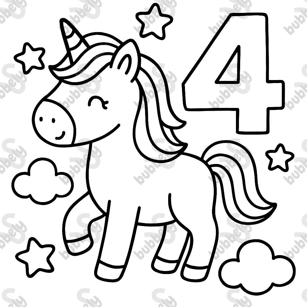 A cute unicorn coloring page for preschoolers, very simple line art with bold outlines, minimal details, no shading, clear white background. The unicorn should look friendly and easy to color, surrounded by stars or clouds. Include a large number ‘4’ in the design to represent a 4th birthday. Black and white line drawing, coloring book style.