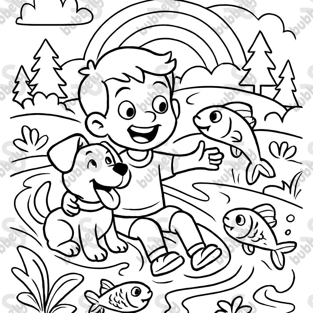 Boy and dog in magical river with fish
