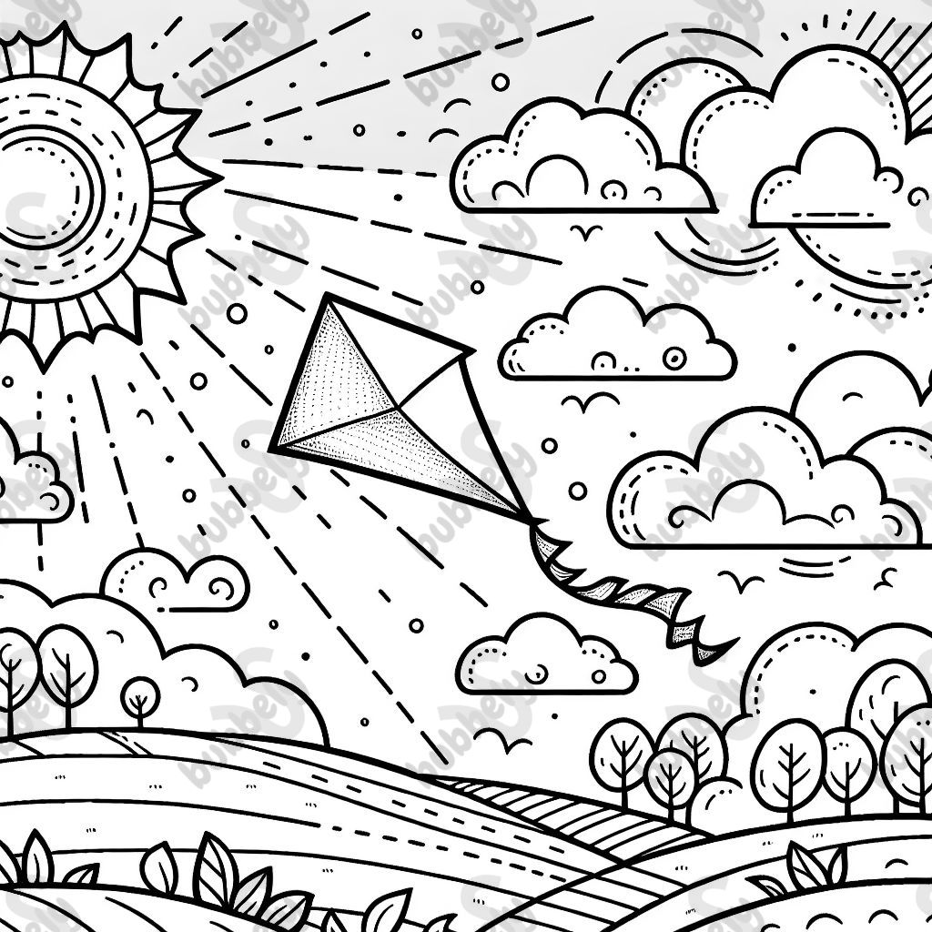 A colorful paper kite is happily flying in a sky with shining sun and fluffy clouds.