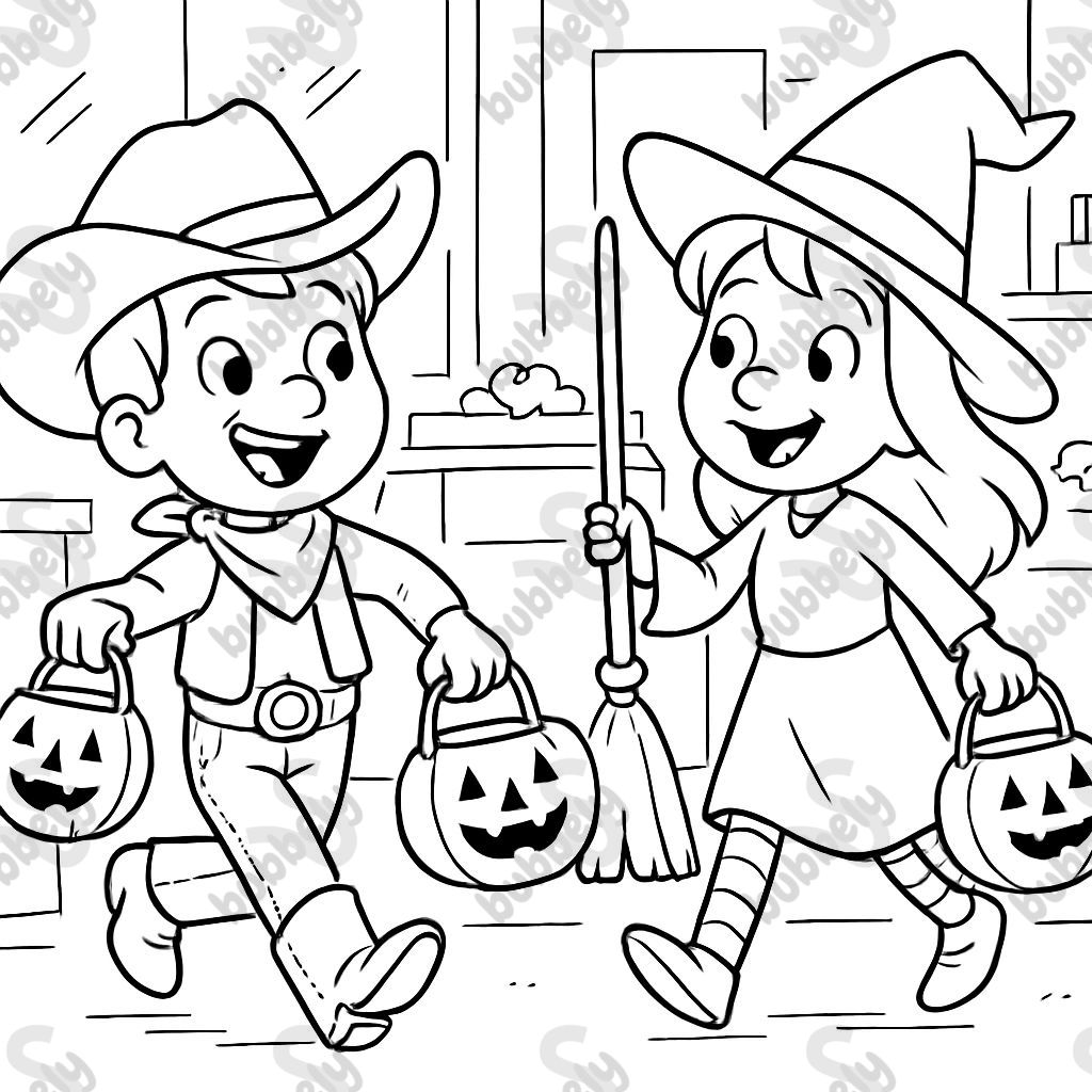 discount bins store themed trick or treating picture with boy as cowboy and girl as witch