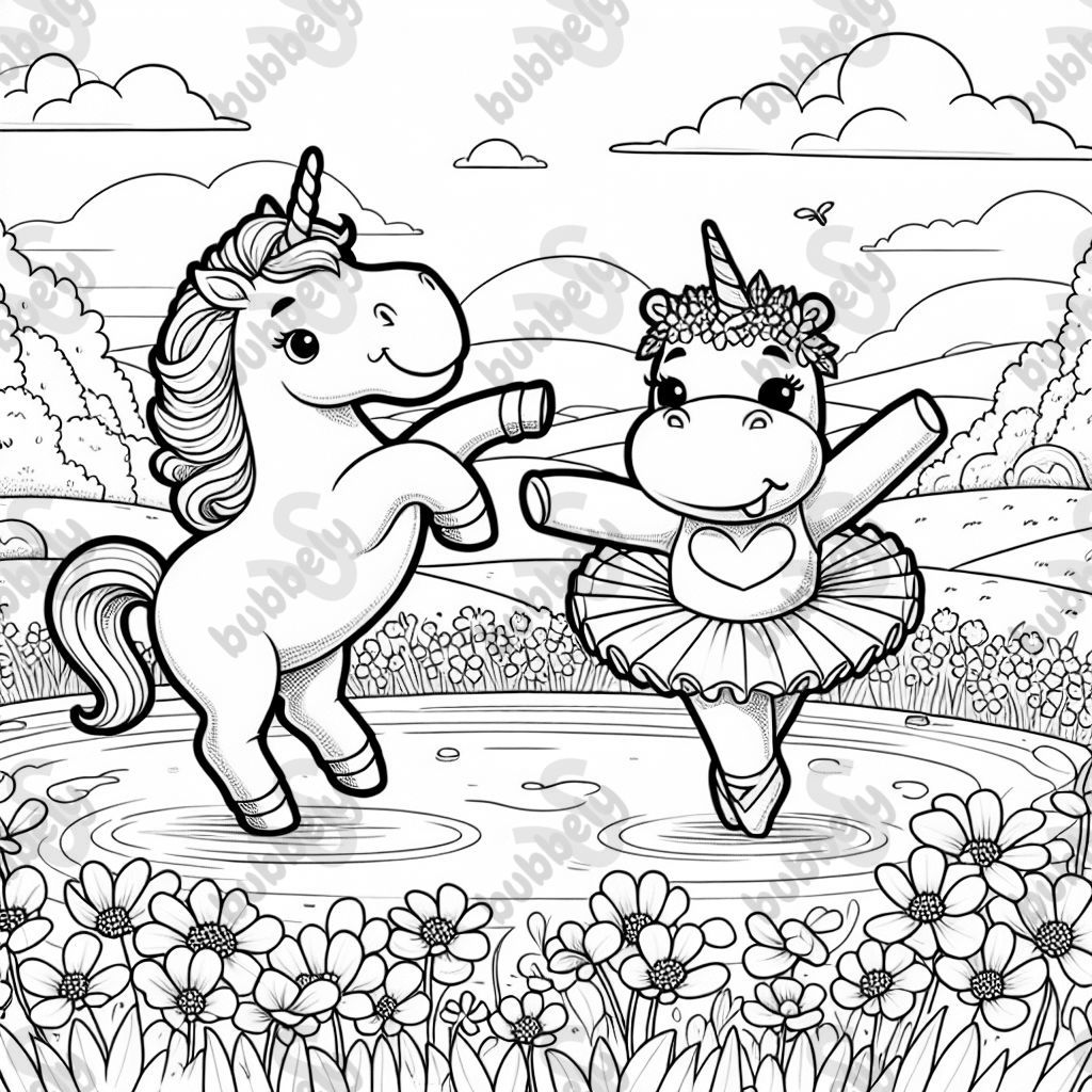 a unicorn ballerina with a hippo ballerina in a field of flowers