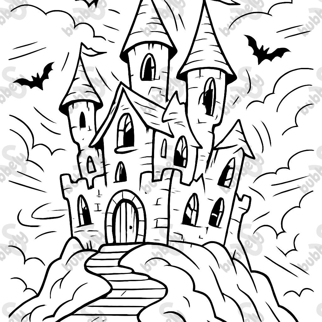 a haunted castle without characters with tall turrets and crooked windows