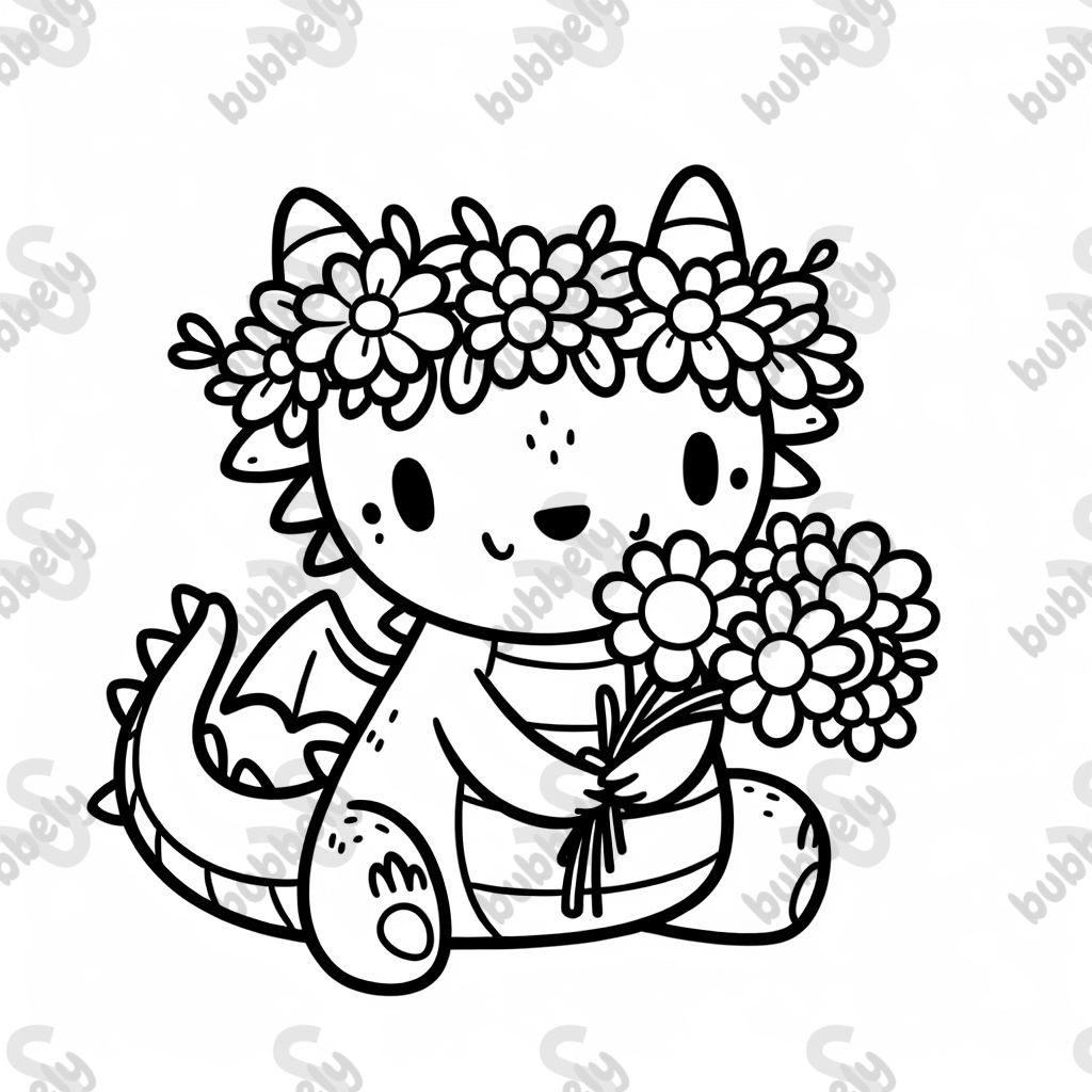 un dragon avec une couronne de fleurs sur la tête et un bouquet dans les pattes un dragon avec une couronne de fleurs sur la tête et un bouquet dans les pattes