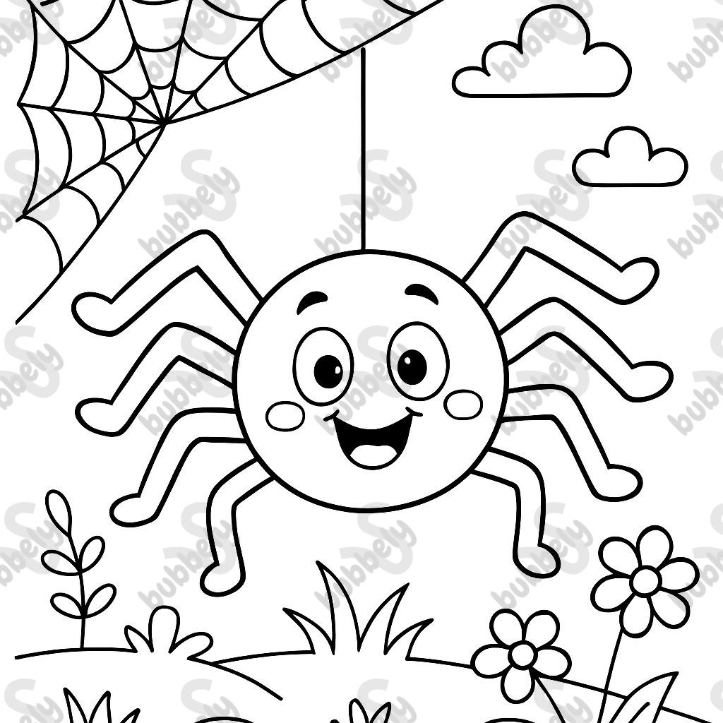 A happy spider dangling from a web