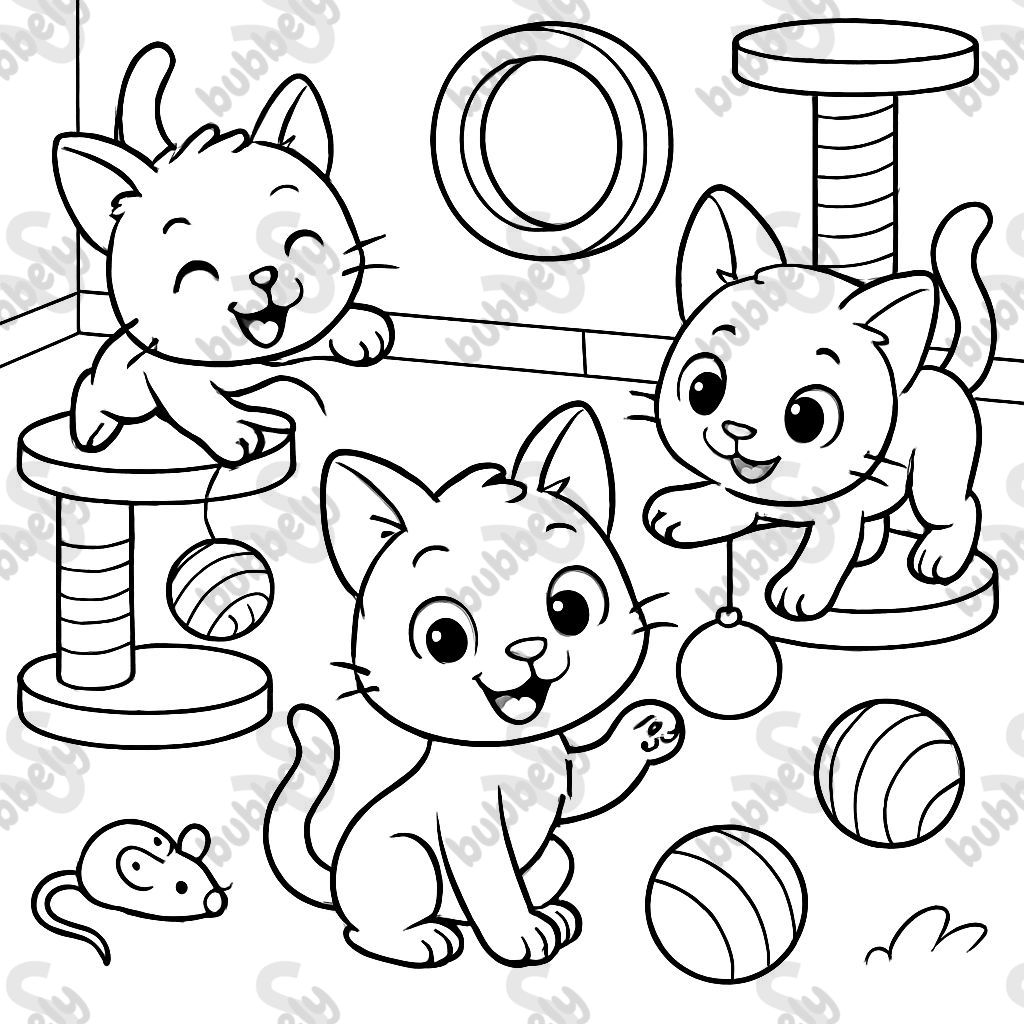 Kittens playing in a cat room with toys and scratching posts everywhere.