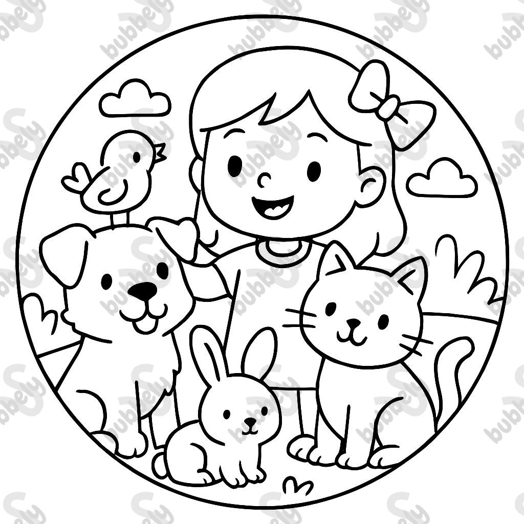In the shape of a circle, draw a girl with many animals