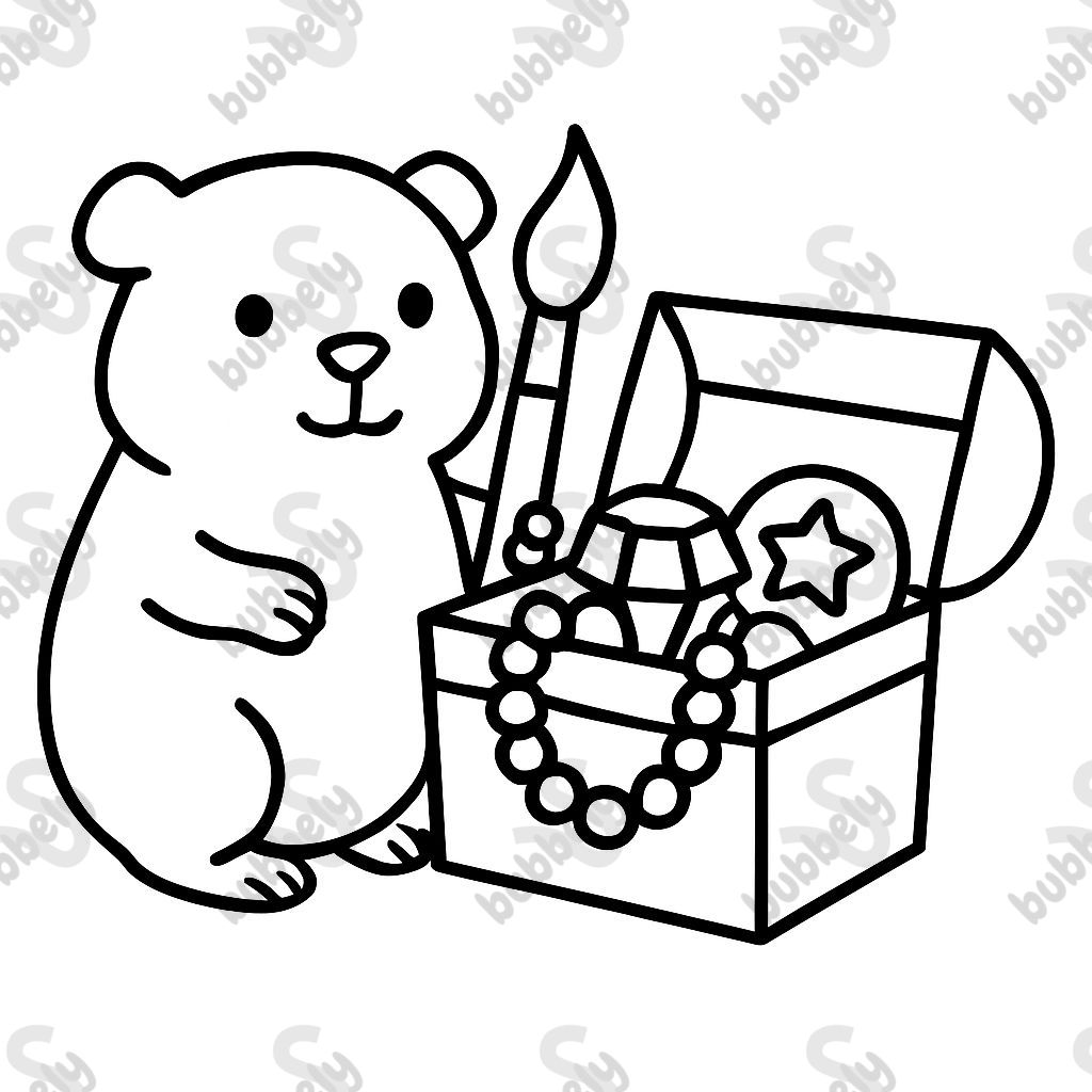 Guinea pig holding a paintbrush with half open treasure chest filled with treasures