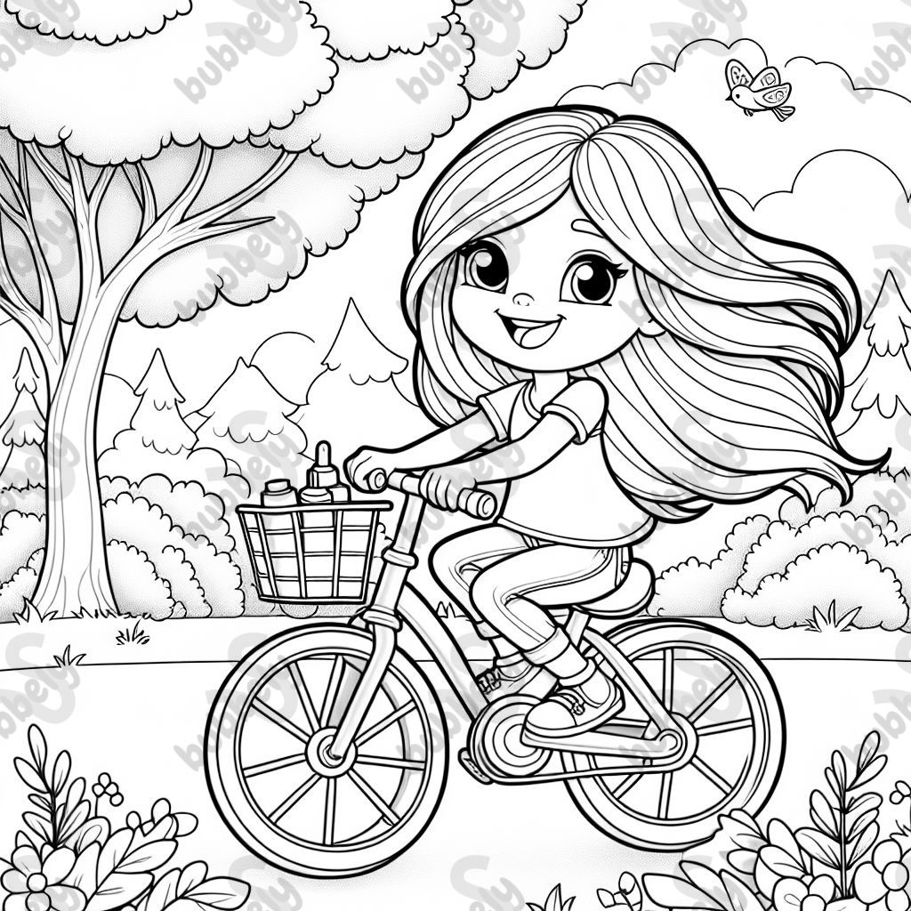 Nine-year-old blonde girl with long hair on a bicycle