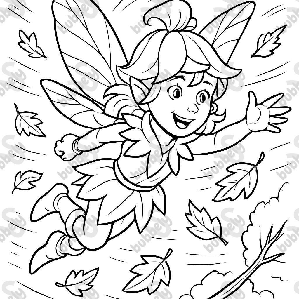 Fée d'automne volante très détaillée avec une fleur comme chapeau Fée d'automne volante très détaillée avec une fleur comme chapeau