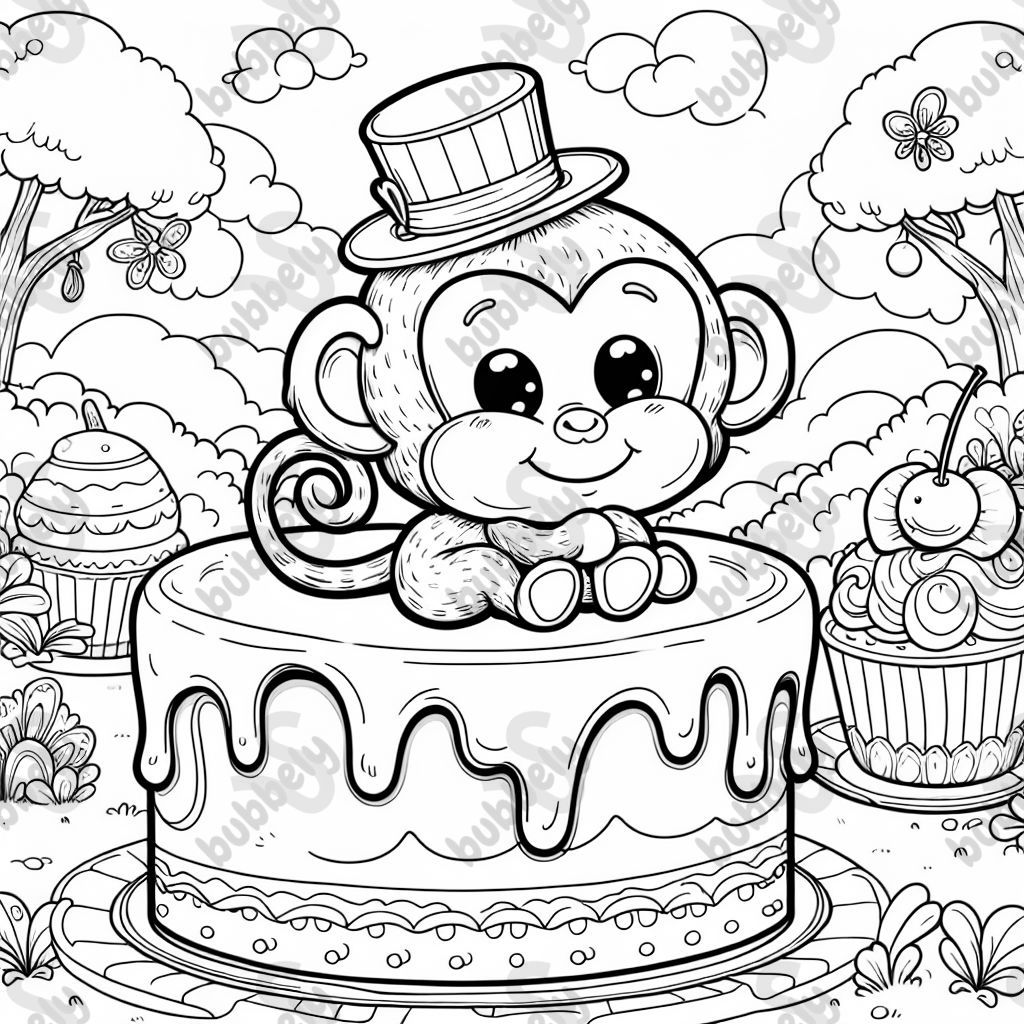 A monkey sitting on a head shaped cake 