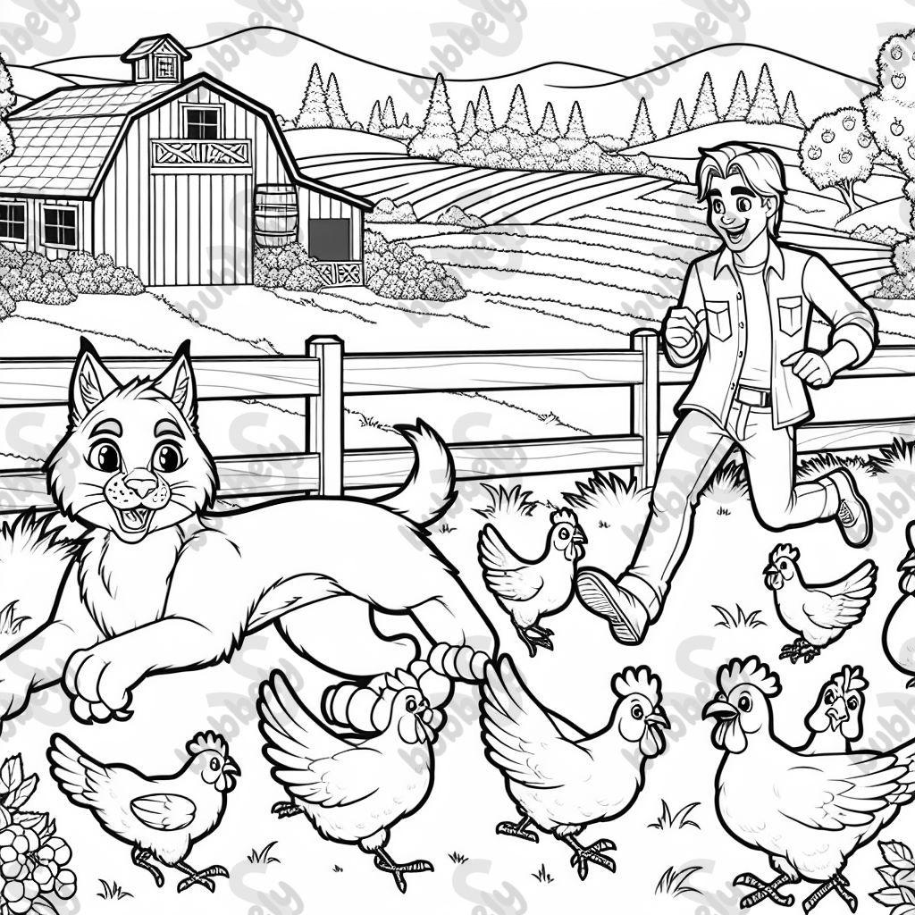 a bobcat chasing a dad and a flock of chickens