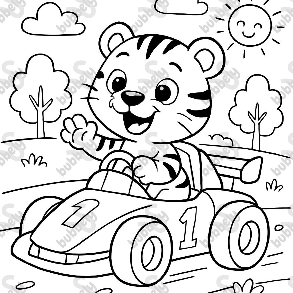 A baby tiger with a race car