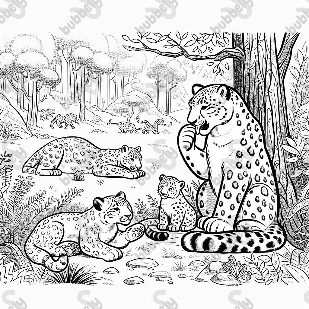 Snow leopards family in the forest. Dad is licking his paw. Baby is sleeping. The big sister is sitting nicely on the ground. Mom is lying down but awake.