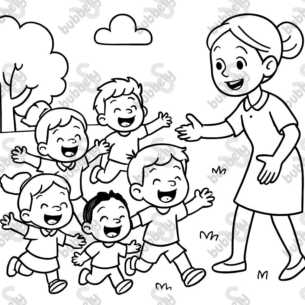 many laughing toddlers running away from a caregiver