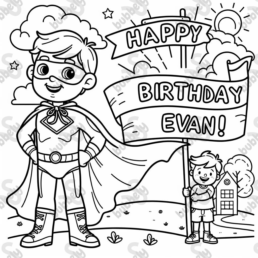 Super hero saying “Happy Birthday Evan!”