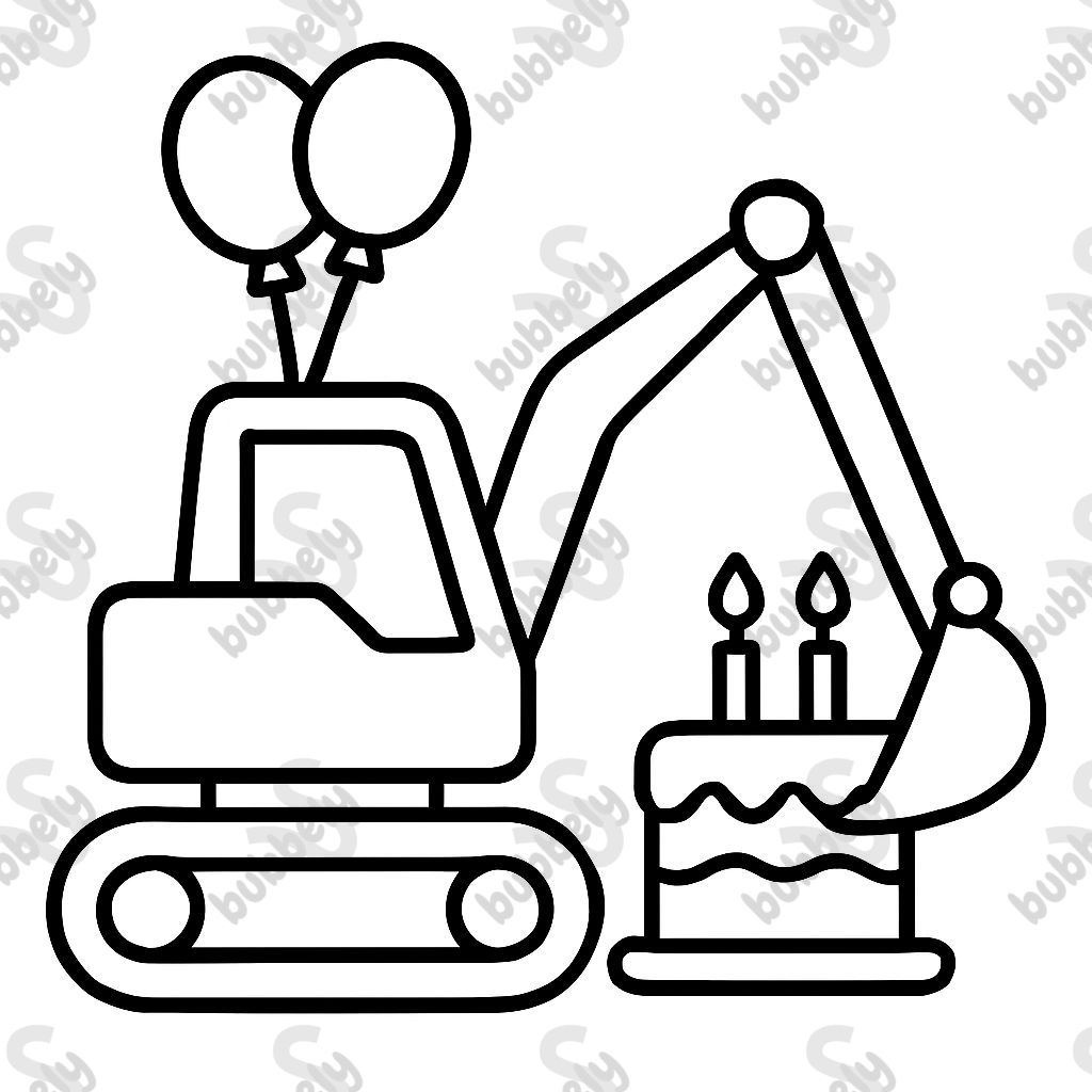 Excavator with balloons digging up a birthday cake with 3 candles. Excavator with balloons digging up a birthday cake with 3 candles.