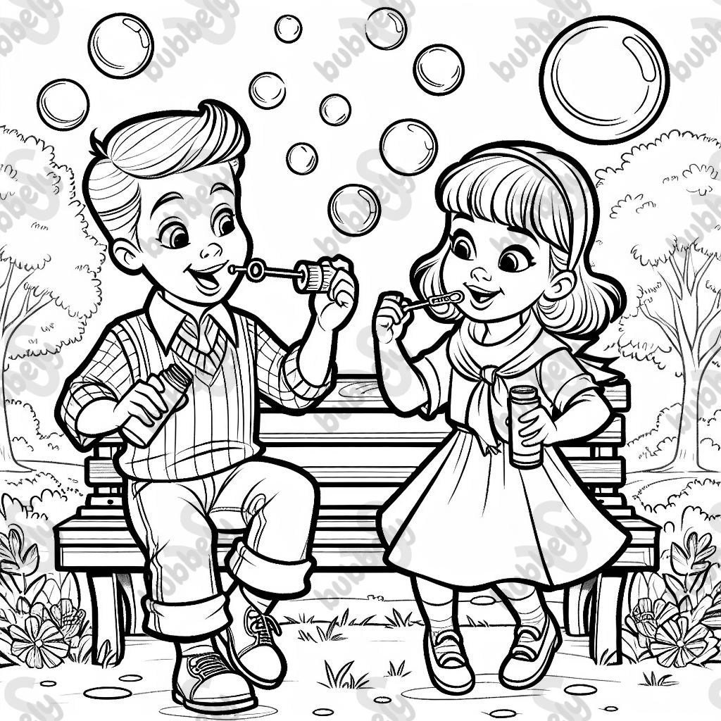 A boy and girl blowing bub mes