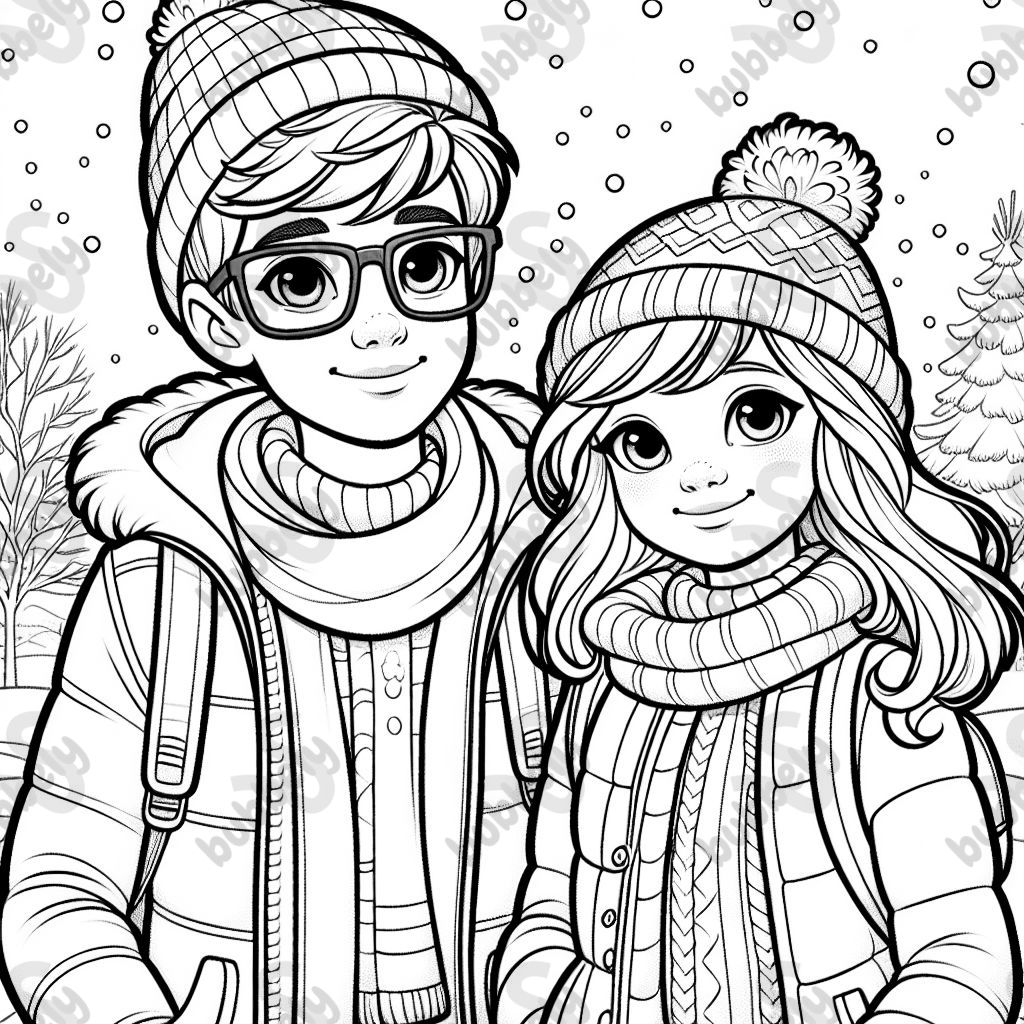a girl and boy, 19, boy wears glasses, hat, scarf, winter jacket, girl wears winter jacket, both white, round faces, smiling, its snowing 