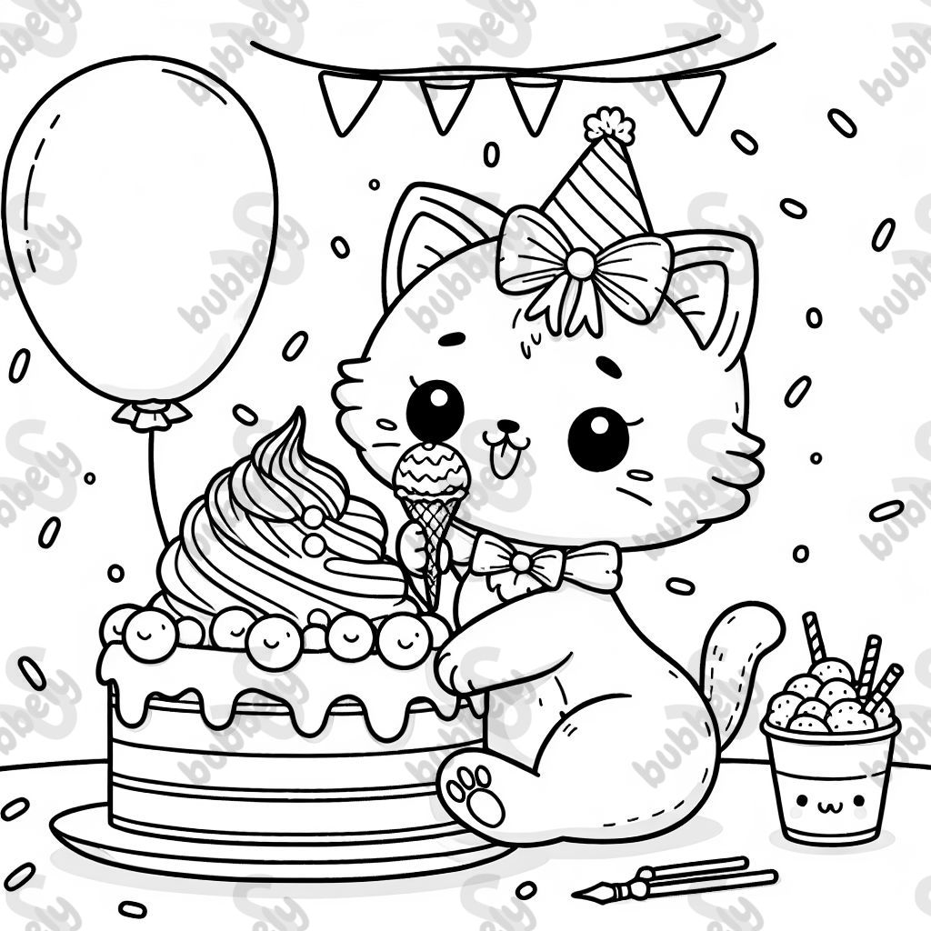 kitty sitting on a birthday cake eating ice cream with a bow 