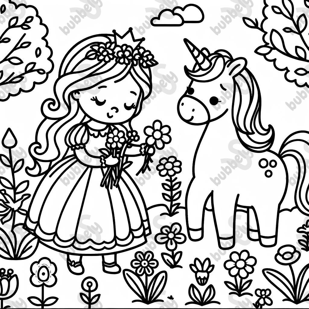 une princesse cueillant des fleurs dans un jardin avec une licorne
