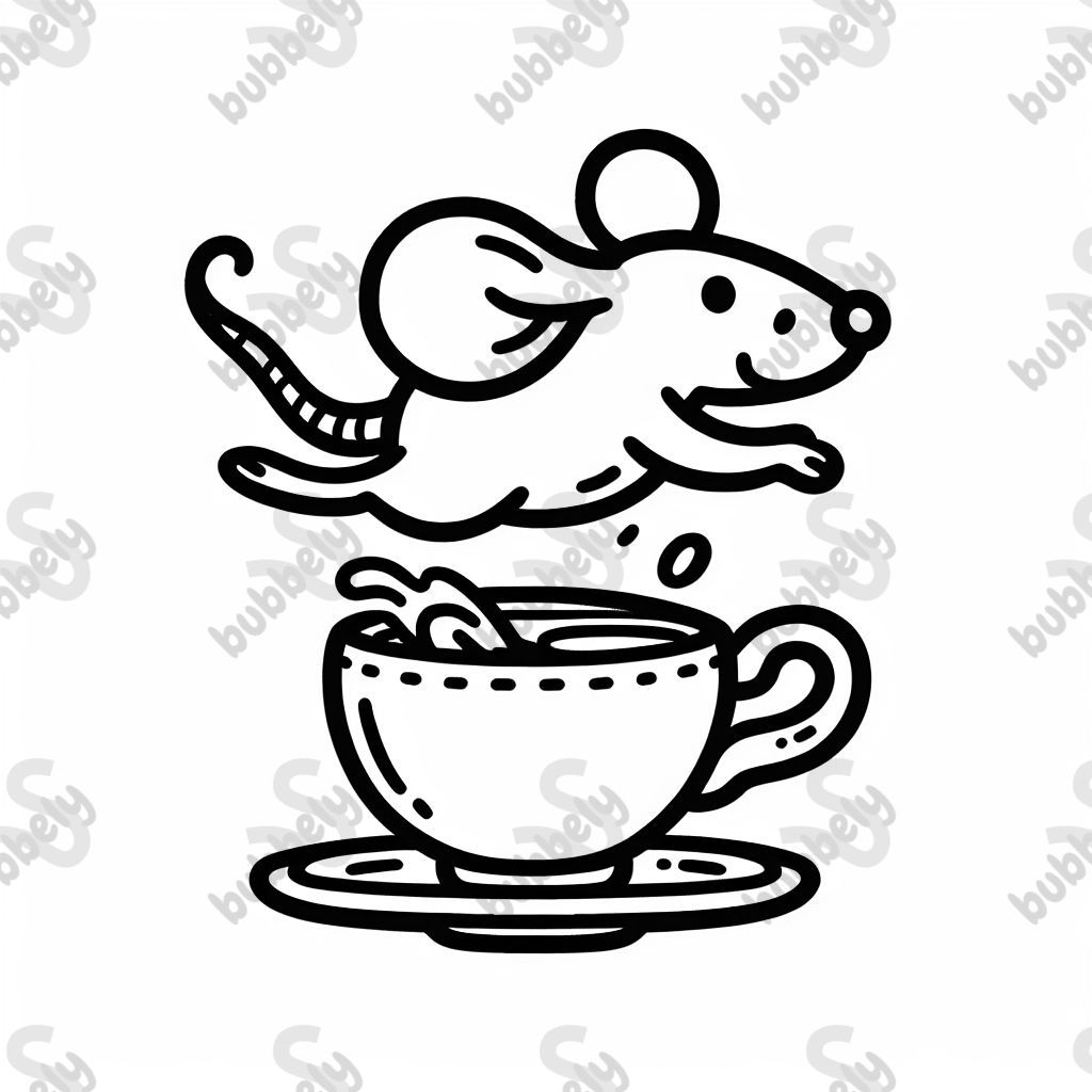 Eine Maus in einer fliegenden Tasse gefüllt mit Tee