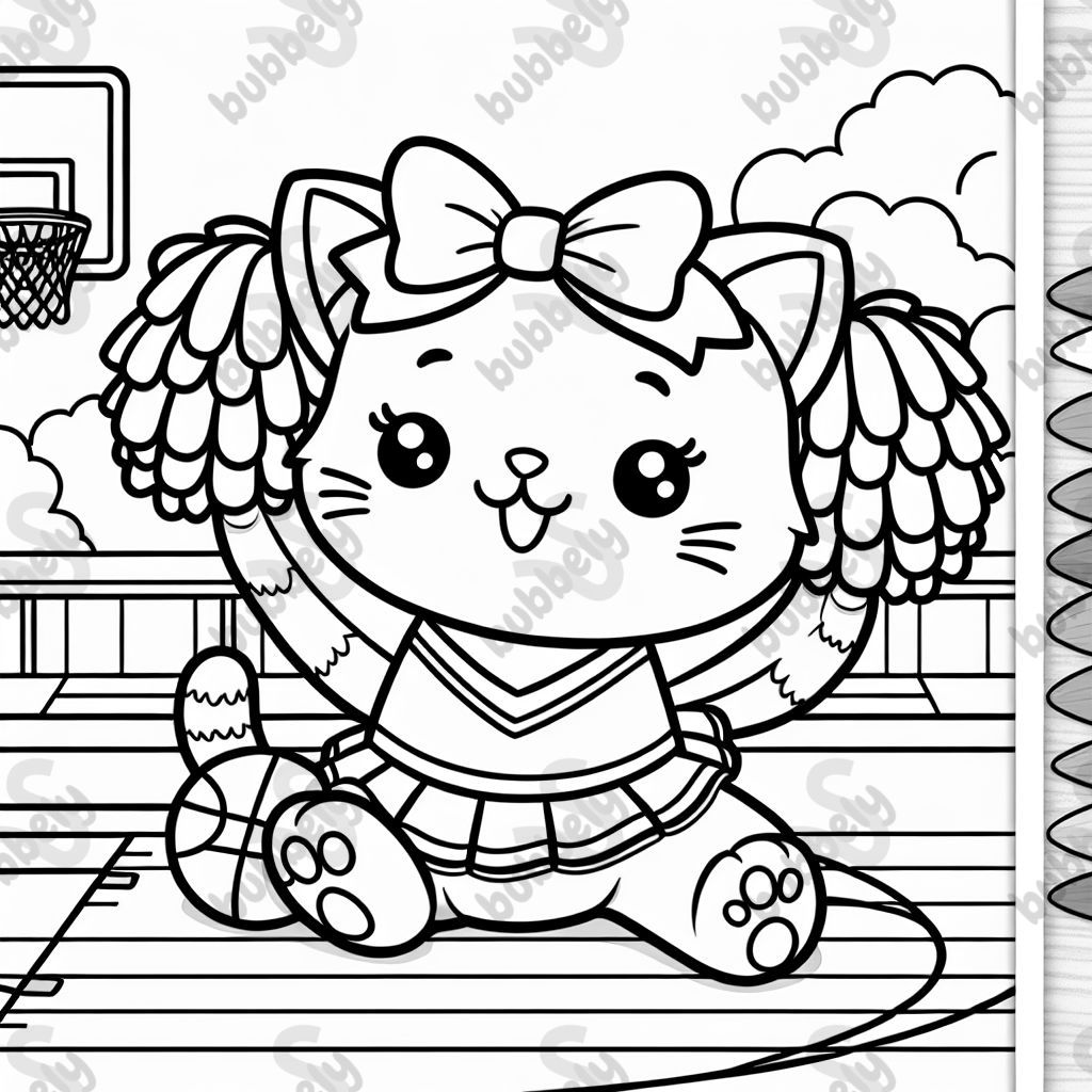 a kitty cat cheerleading with pom poms in hands with bows in hair on a basketball court