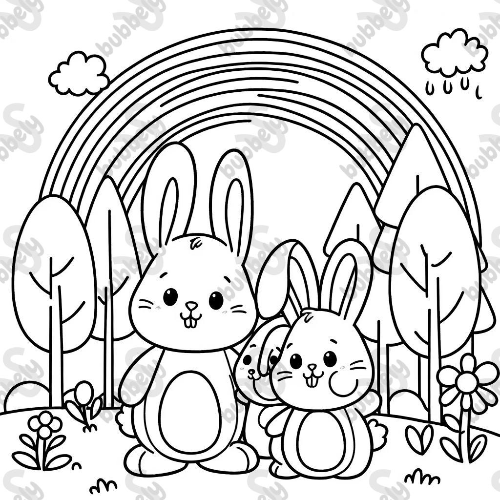 a bunny family in front of a forest with a rainbow