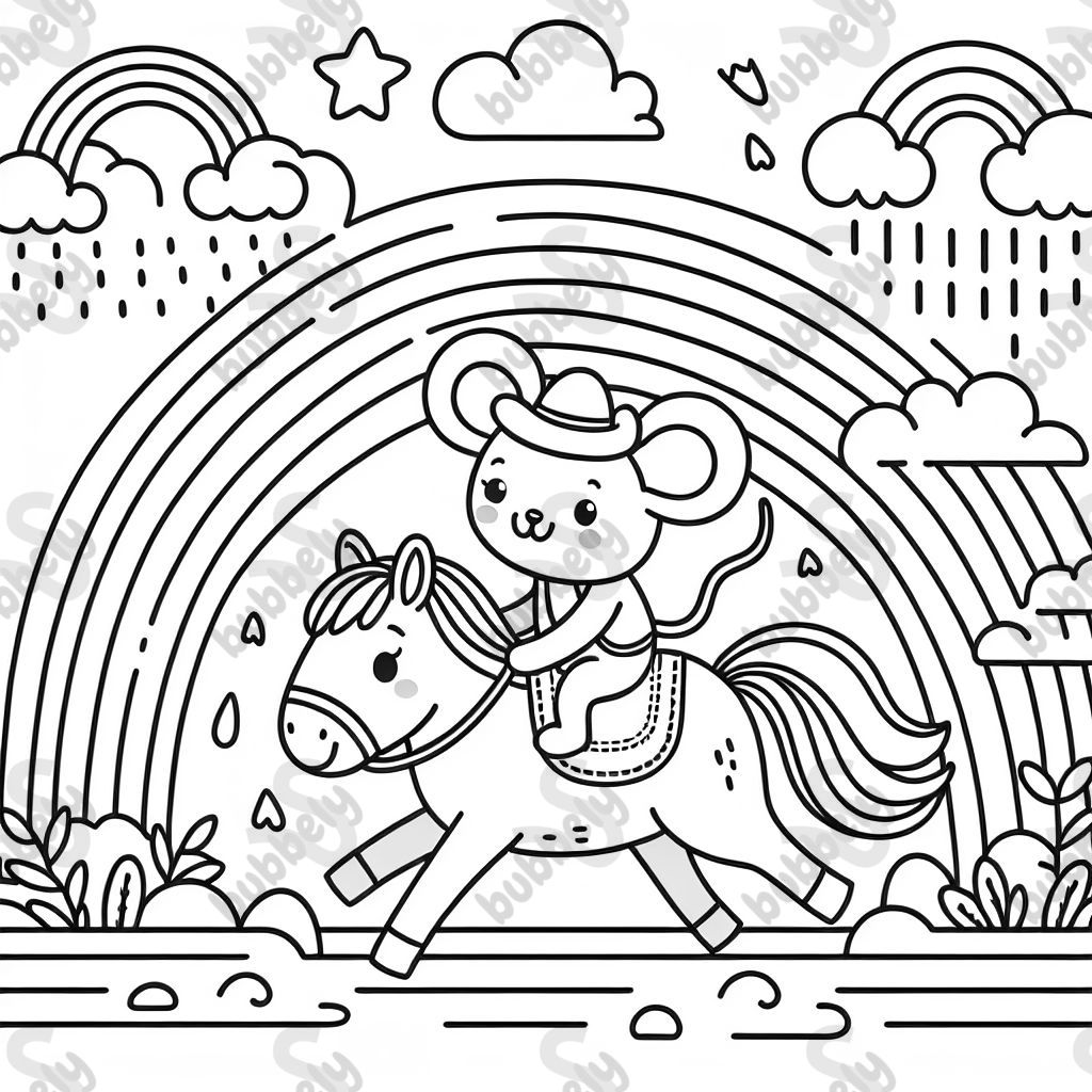 Eine Maus, die auf einem Pferd reitet mit Regenbogen und Wolken im Hintergrund