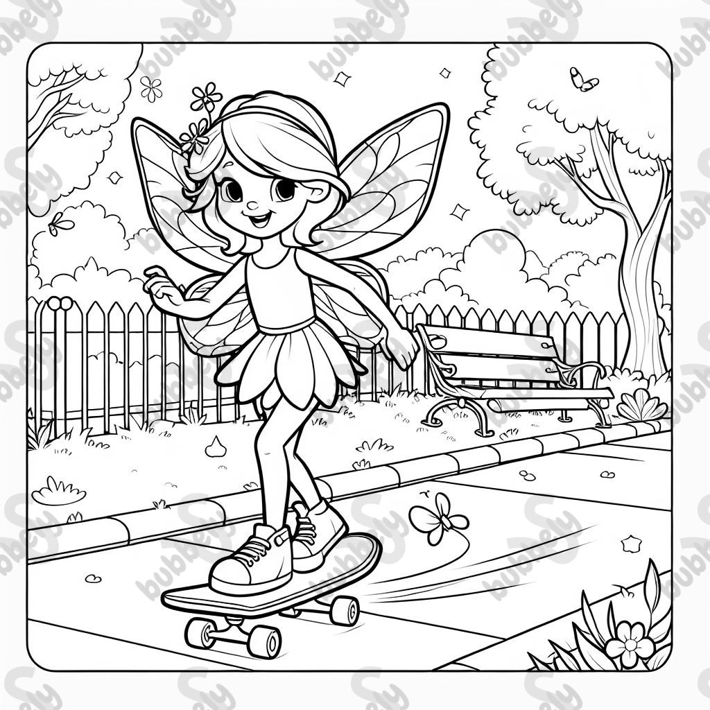 a fairy riding a skateboard on a sidewalk