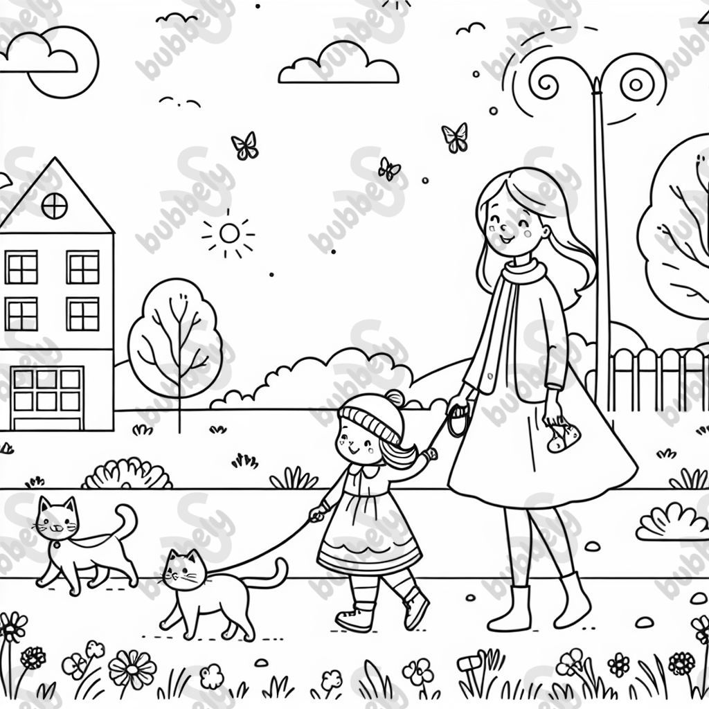 A mother and her child. Both are holding a cat on a leash.