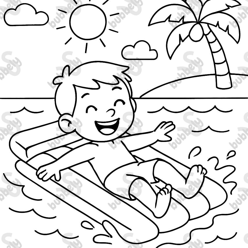 a person swimming on an air mattress in the sea in front of a beach a person swimming on an air mattress in the sea in front of a beach