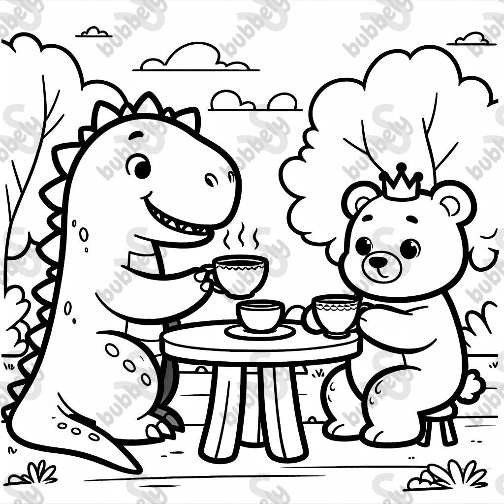 Dinosaur eating with a bear having tea