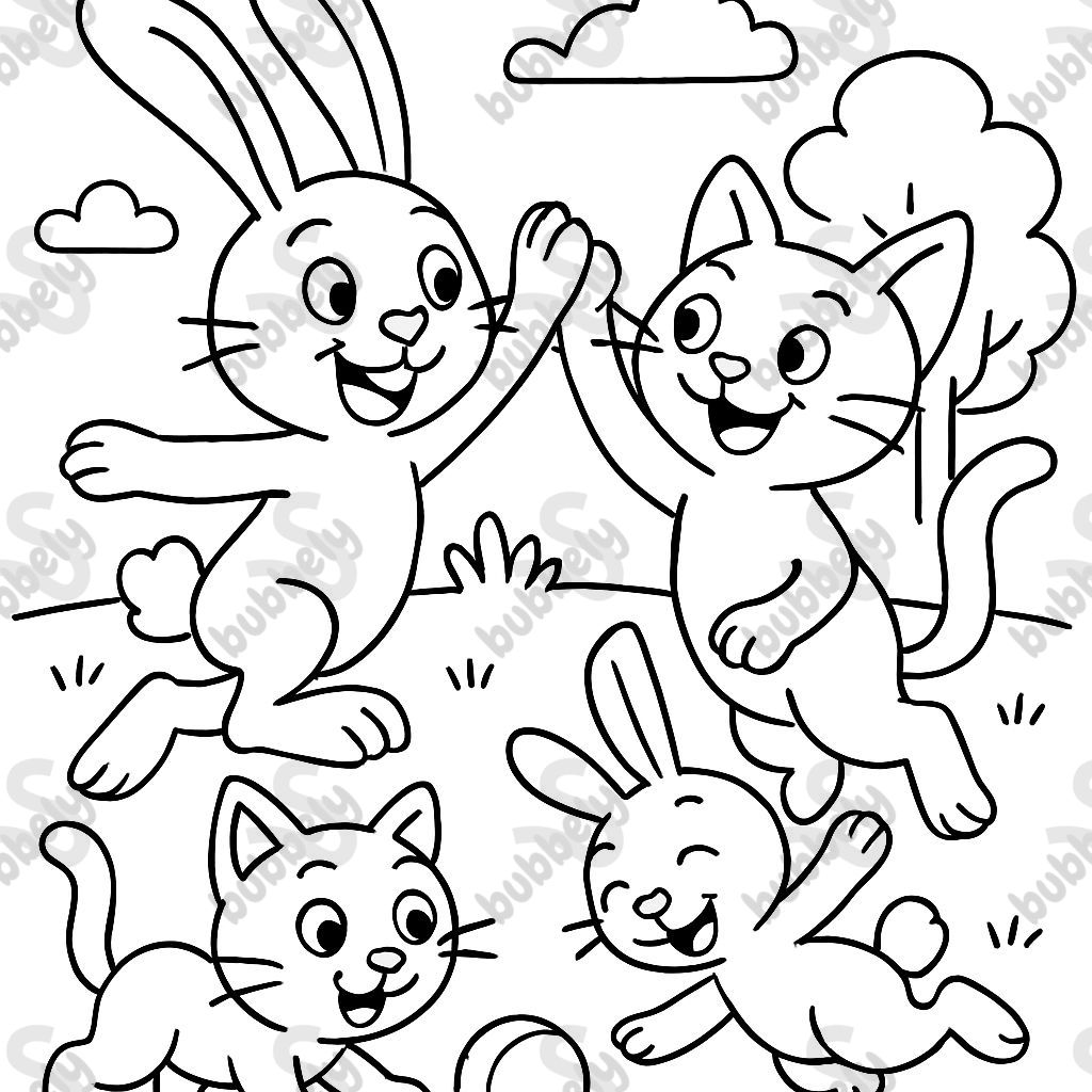 Rabbits and cats play together