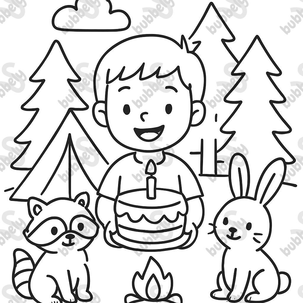 One happy boy holding his first birthday cake with woodland friends in camp.