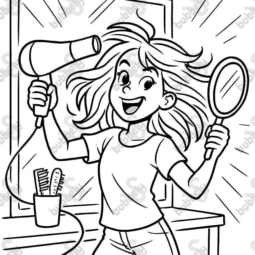 Elle se coiffe devant le miroir avec le séchoir.