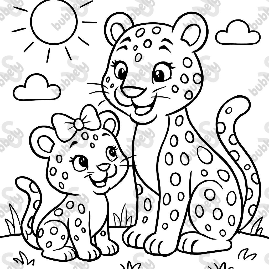 A mom leopard with a baby leopard with a bow sitting on grass on a sunny day.