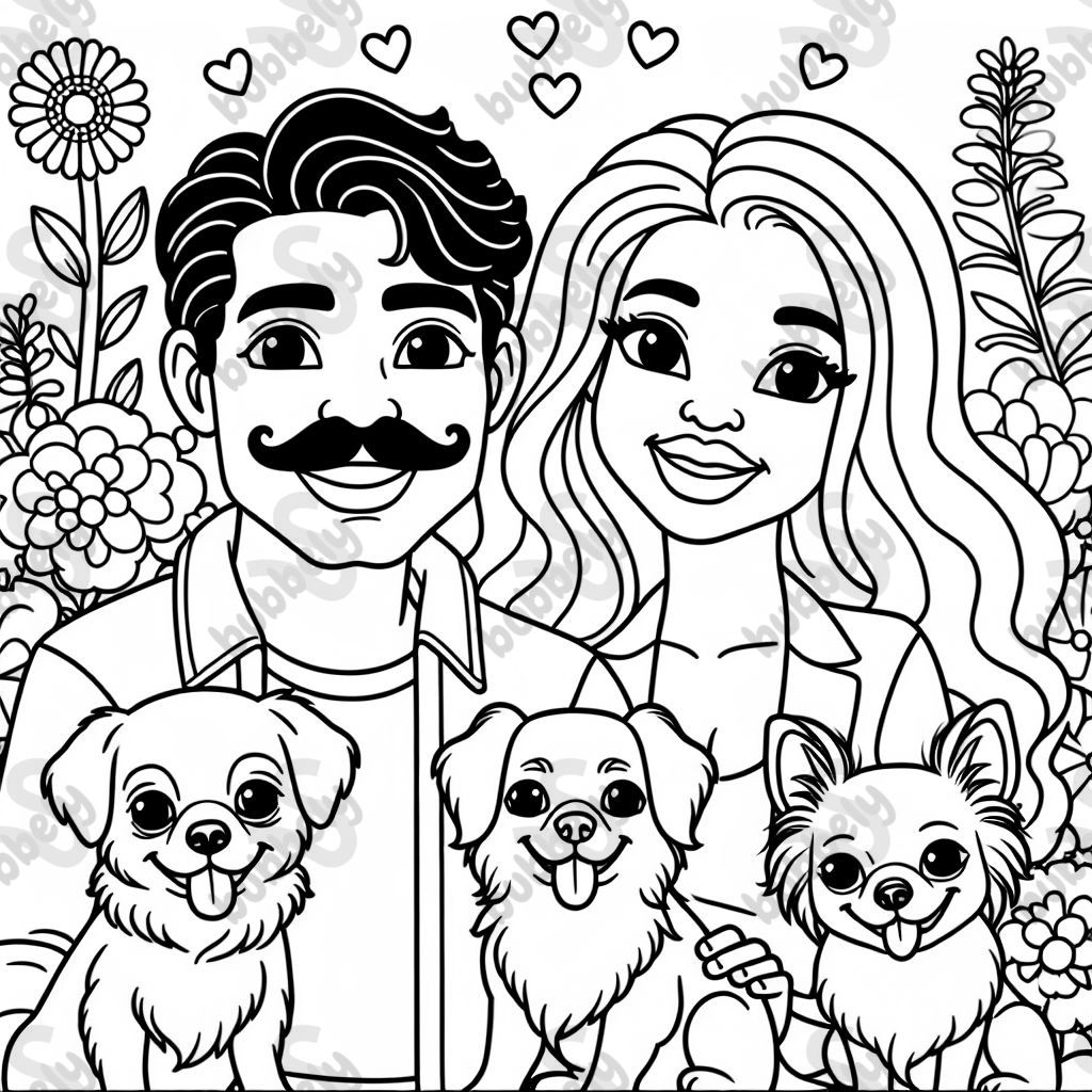 a man with a mustache, a woman with long blonde hair, a golden retriever, 2 chihuahuas, outside around flowers a man with a mustache, a woman with long blonde hair, a golden retriever, 2 chihuahuas, outside around flowers