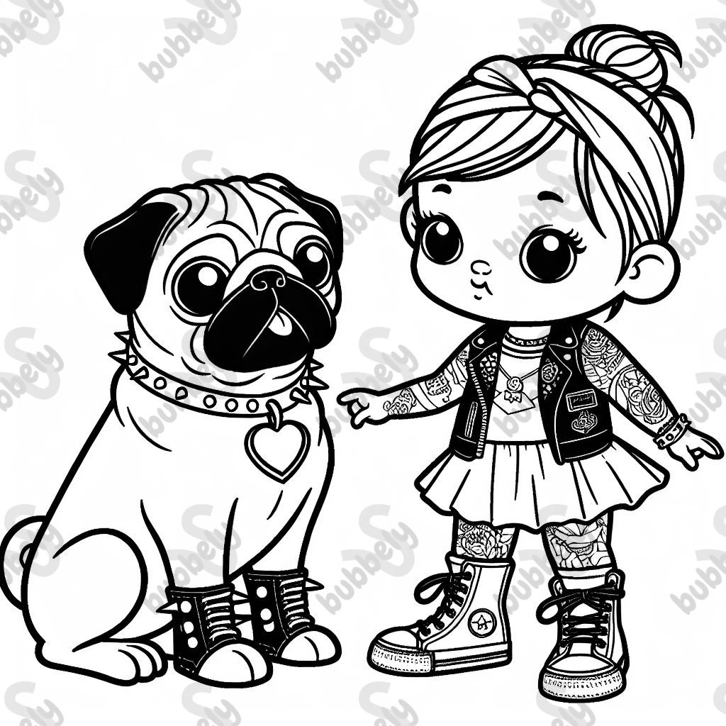 A pug and little girl playing, dressed as punk rockers