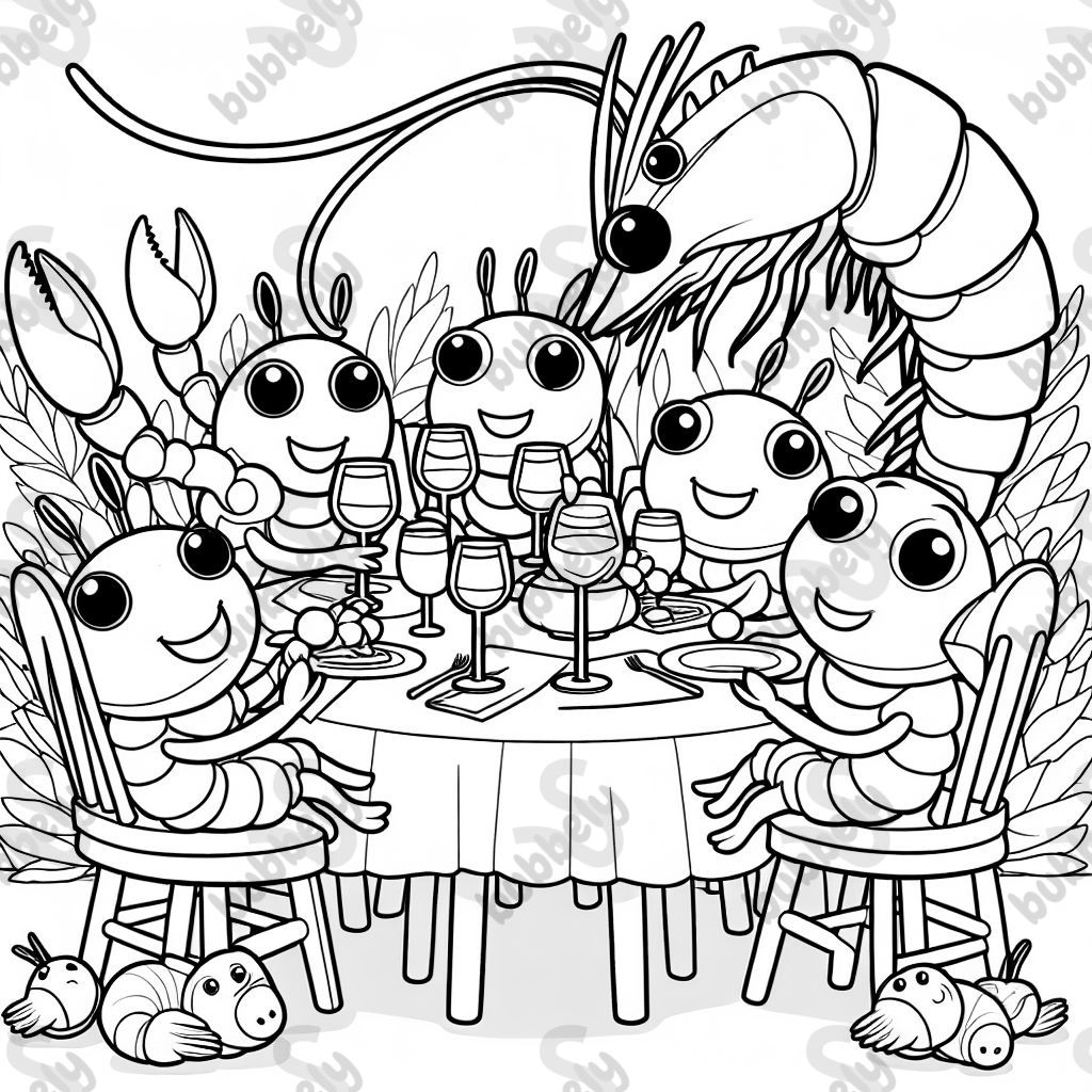 Mehrere schrimps sitzen zusammen an einem Tisch und trinken Wein 