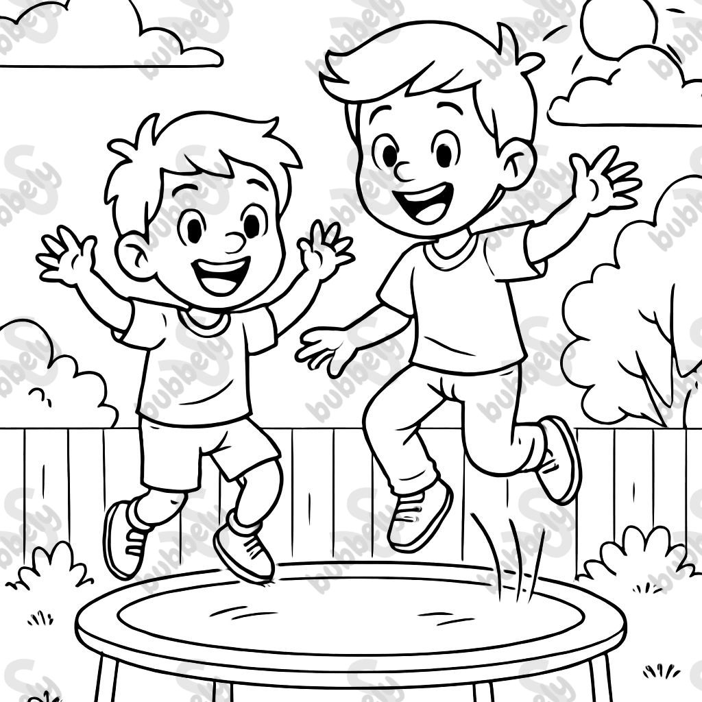 Two young brothers jumping on a trampoline