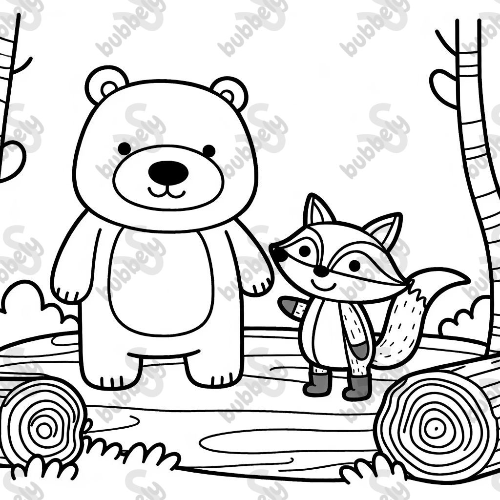 Bear and fox playing in woods